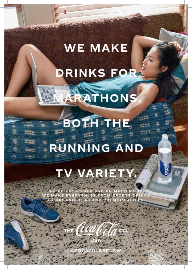 Coca-Cola Advertisement: Drinks for Marathons. Both the running and the TV variety. We're Coca-Cola and so much more. We make everything from sports drinks to organic teas and premium juices. #Cocacolarenew