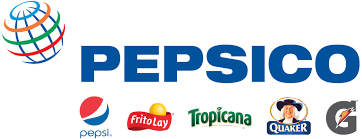 Pepsico logo with smaller logos including Pepsi, FritoLay, Tropicana, Quaker, and Gatorade
