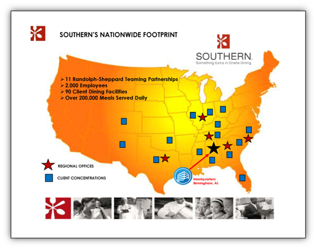 Southern Foodservice Advertisement: Southern's Nationwide Footprint: 11 Randoplph-Sheppard Teaming Partnerships, 2,000 Employees, 90 Client Dining Facilities, Over 200,000 Meals Served Daily (map showing locations)